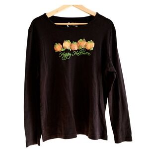 Holiday Editions XL Black Happy Halloween Pumpkin Graphic Top Retro Pop Art 90s
